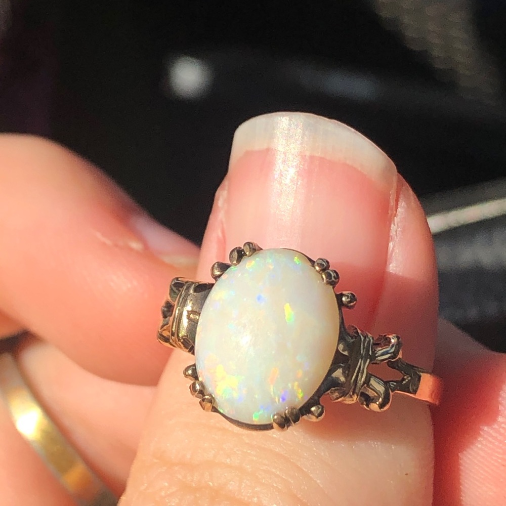 Vintage Opal engagement ring red flash, 10k yellow gold band with ornate details